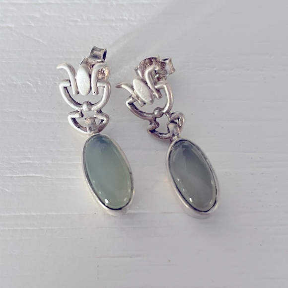 Vintage Natural Jadeite Jade 925 Sterling Silver Dangle Stud Earrings - Picture 4 of 4